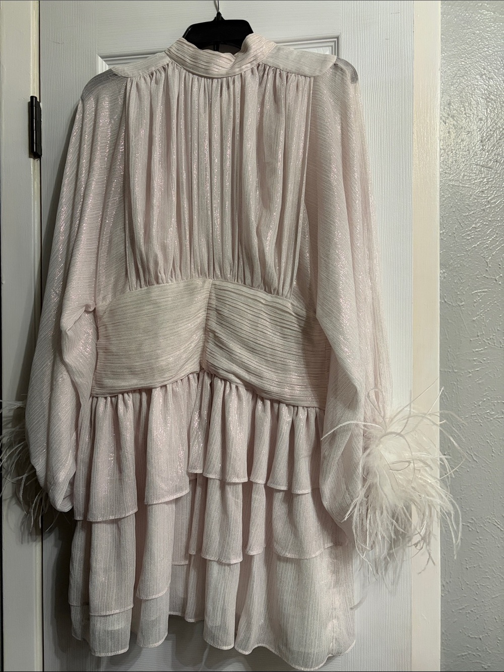 Women's Light Pink Tiered Ruffle Dress with Feather Cuffs